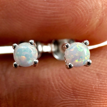 925 Sterling Silver Opal Stud Earrings 3mm Tiny Lab Opal Studs