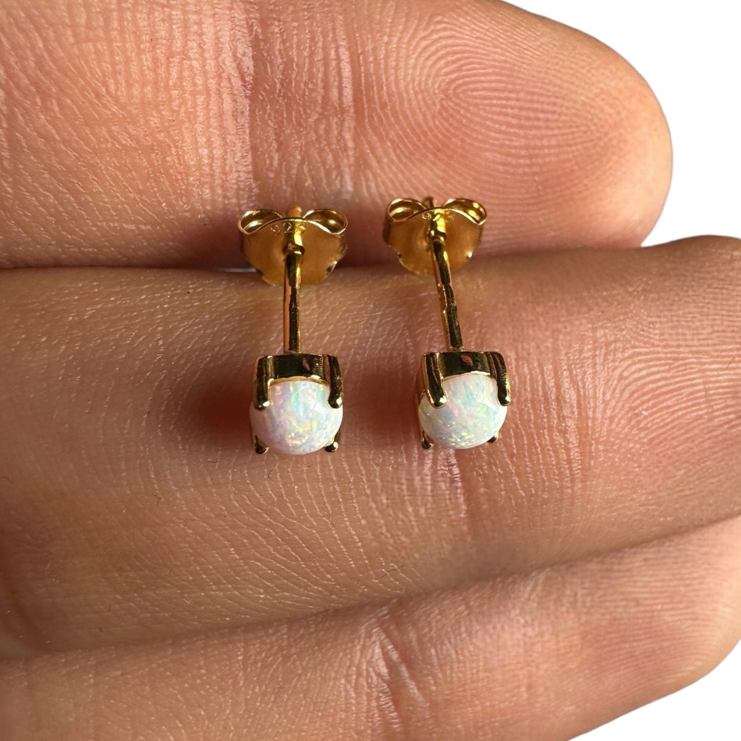 Gold Opal Stud Earrings 4mm 925 Sterling Silver Studs