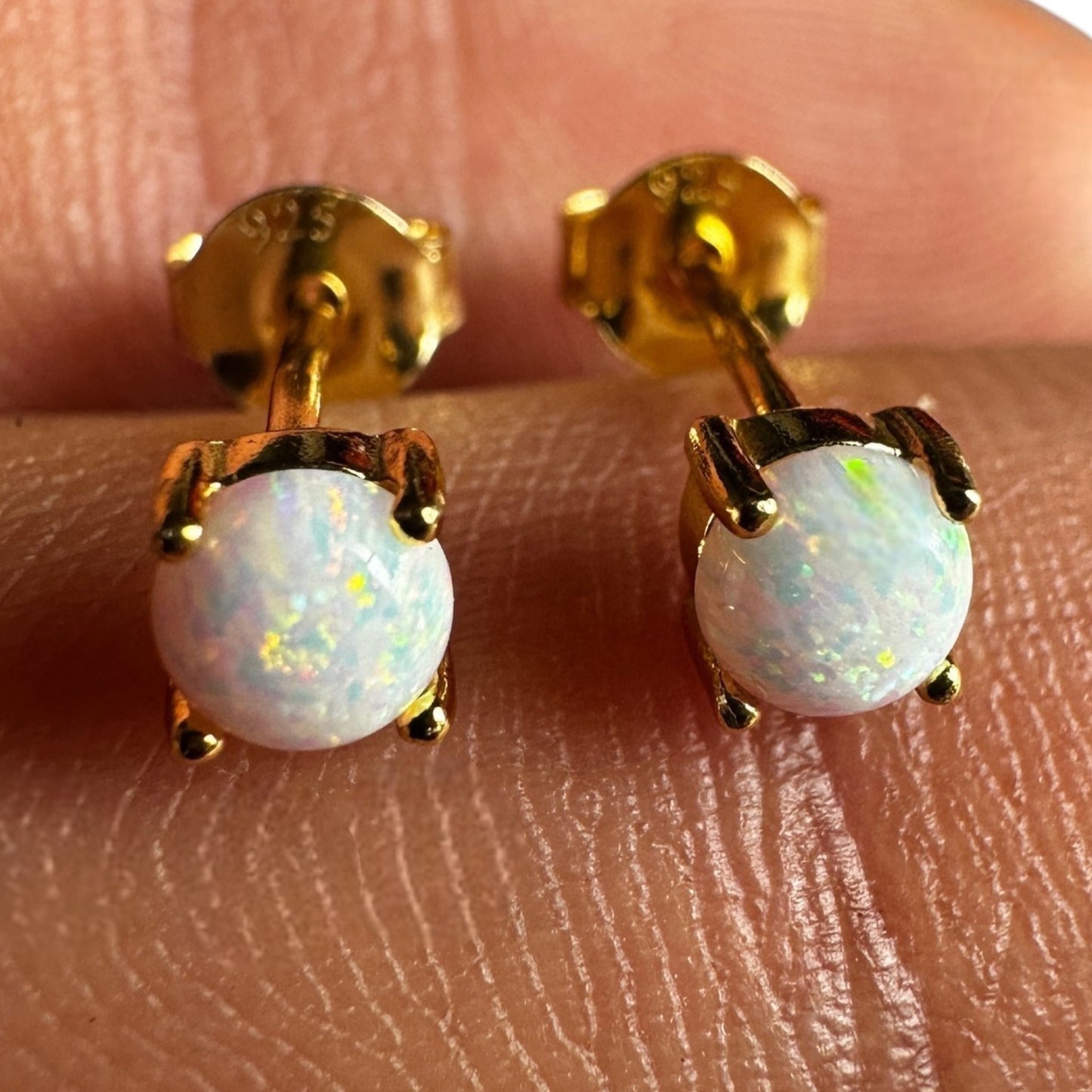 Gold Opal Stud Earrings 4mm 925 Sterling Silver Studs