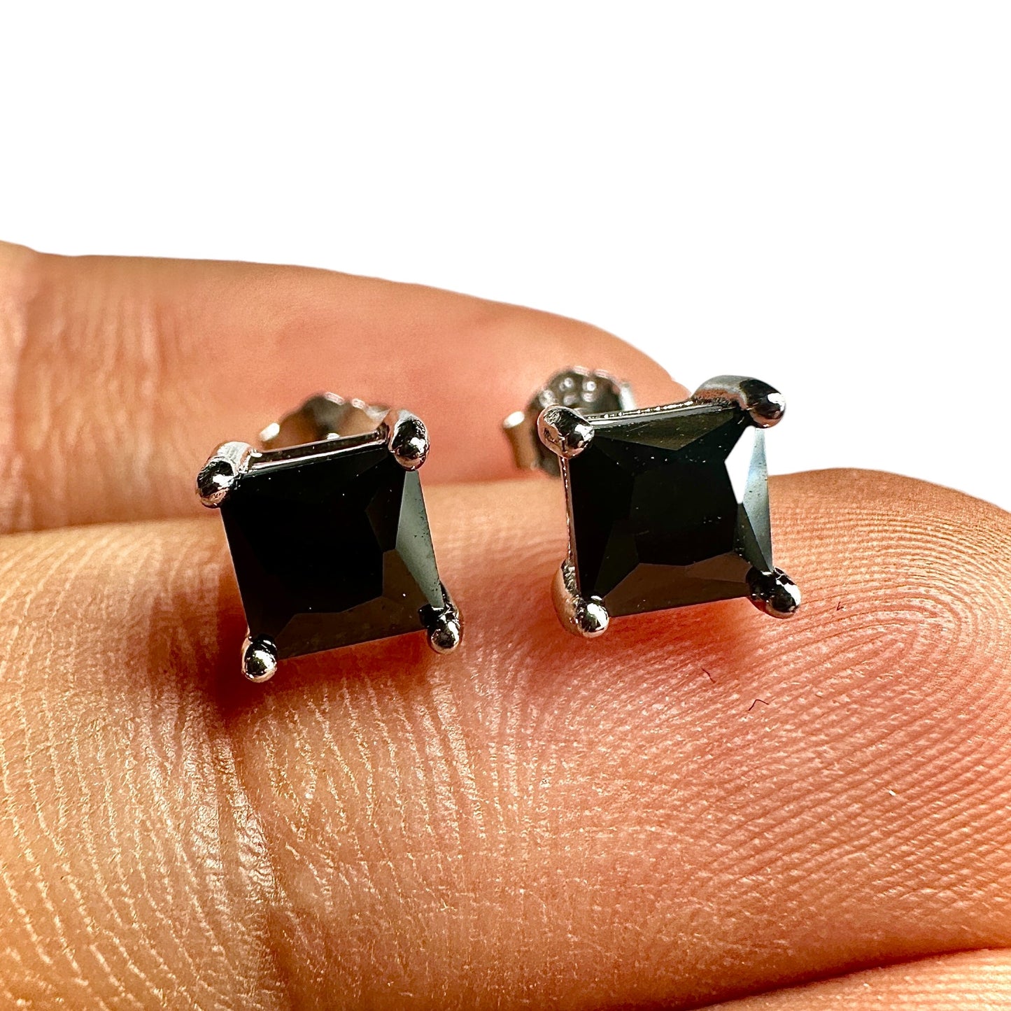 5mm Black CZ Stud Earrings — 925 Sterling Silver Square Princess Cut