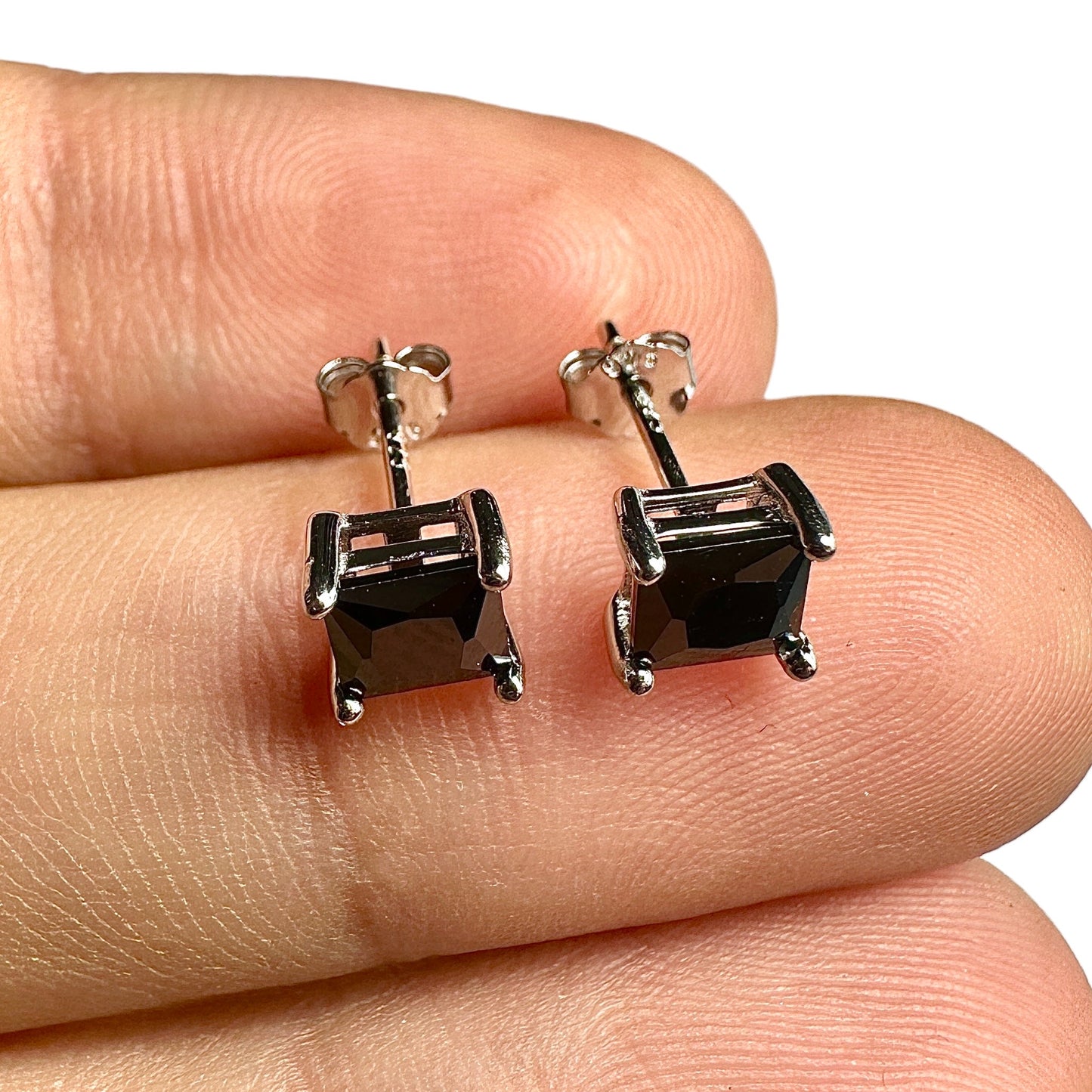 5mm Black CZ Stud Earrings — 925 Sterling Silver Square Princess Cut