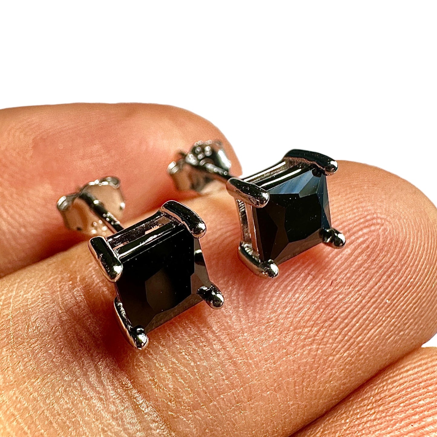 5mm Black CZ Stud Earrings — 925 Sterling Silver Square Princess Cut