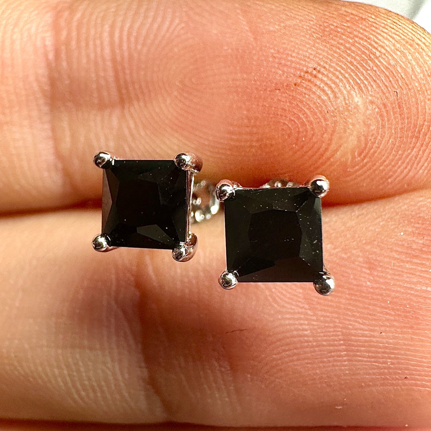 5mm Black CZ Stud Earrings — 925 Sterling Silver Square Princess Cut