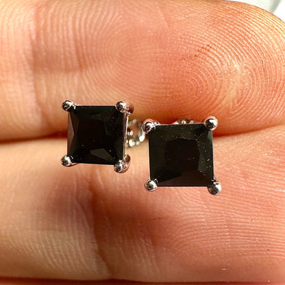 5mm Black CZ Stud Earrings — 925 Sterling Silver Square Princess Cut