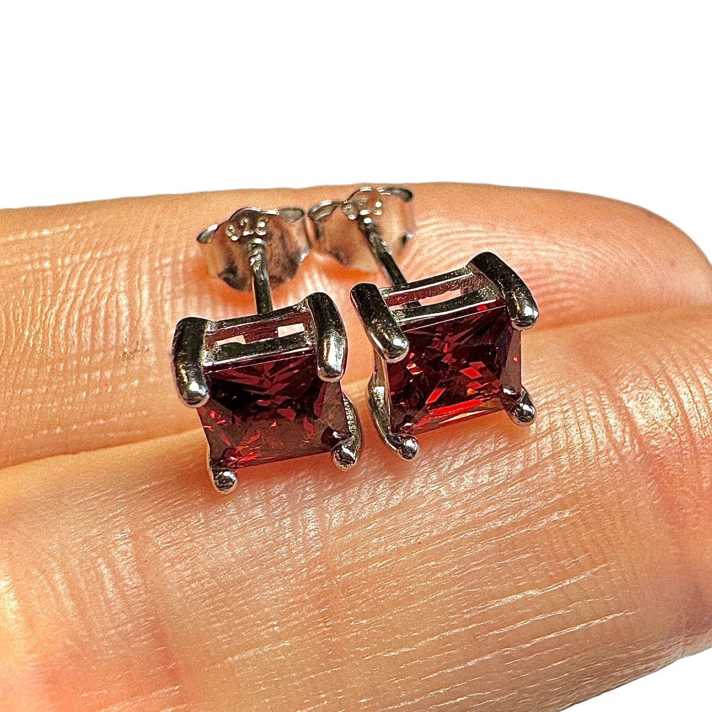 Garnet Stud Earrings 925 Sterling Silver — 5mm Square Princess Cut CZ