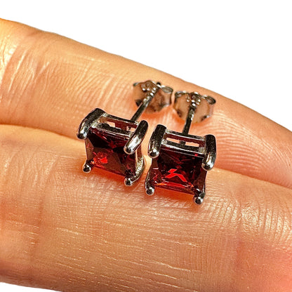 Garnet Stud Earrings 925 Sterling Silver — 5mm Square Princess Cut CZ