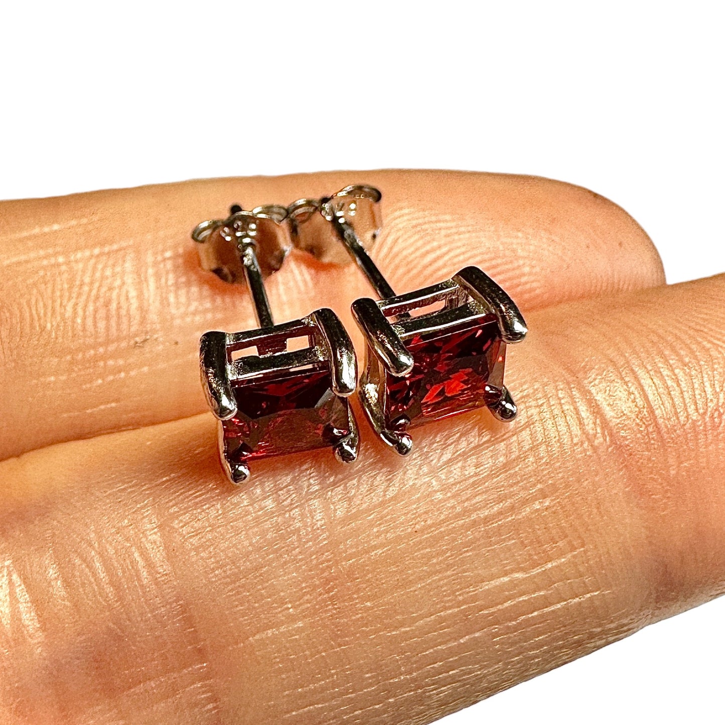 Garnet Stud Earrings 925 Sterling Silver — 5mm Square Princess Cut CZ