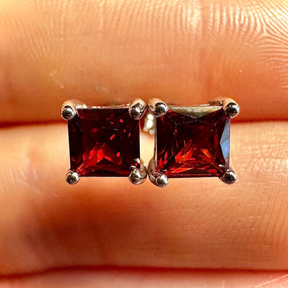 Garnet Stud Earrings 925 Sterling Silver — 5mm Square Princess Cut CZ