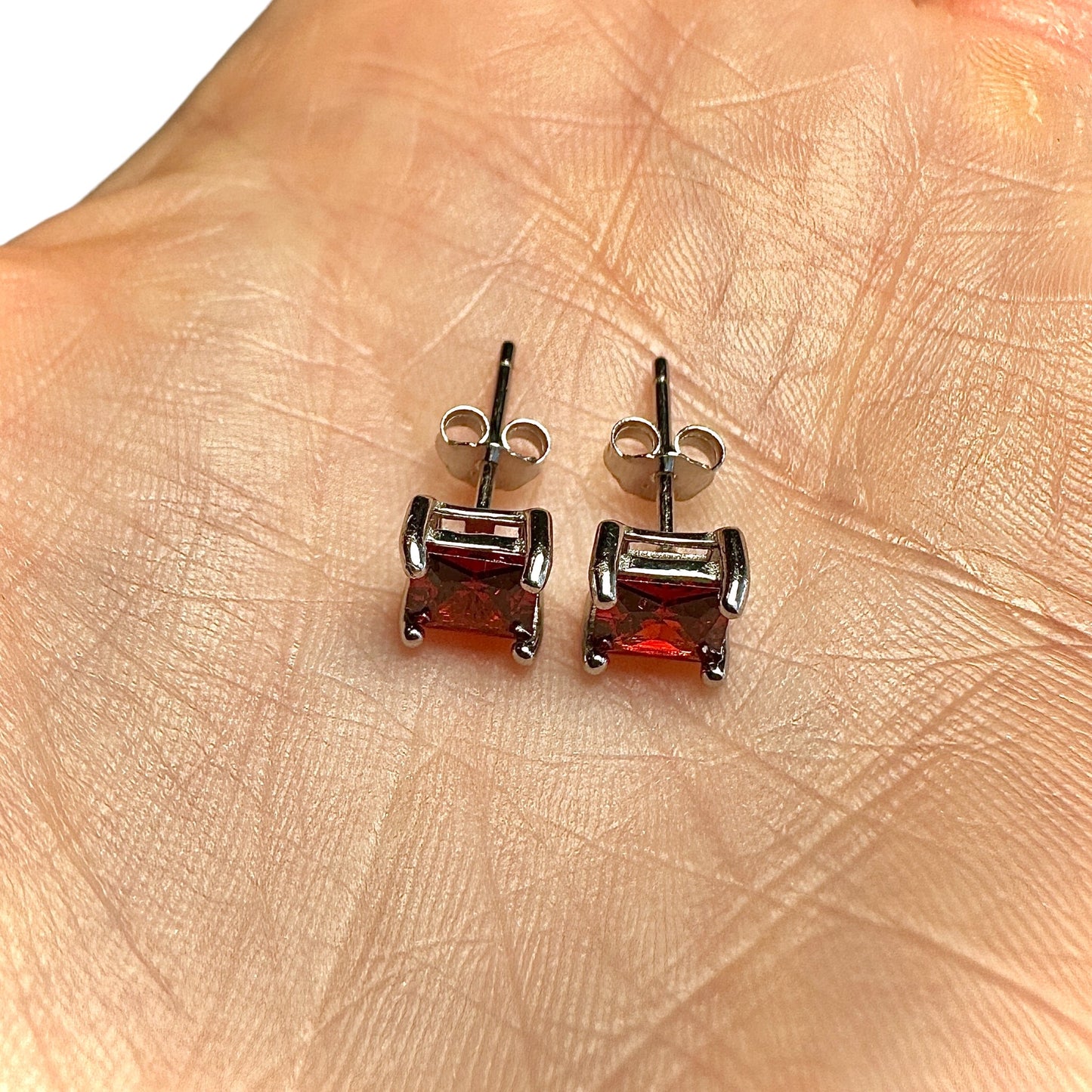 Garnet Stud Earrings 925 Sterling Silver — 5mm Square Princess Cut CZ