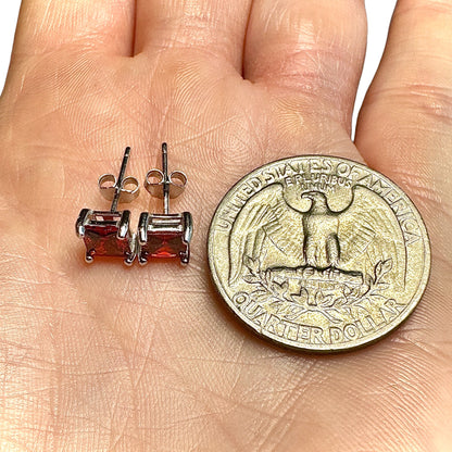 Garnet Stud Earrings 925 Sterling Silver — 5mm Square Princess Cut CZ