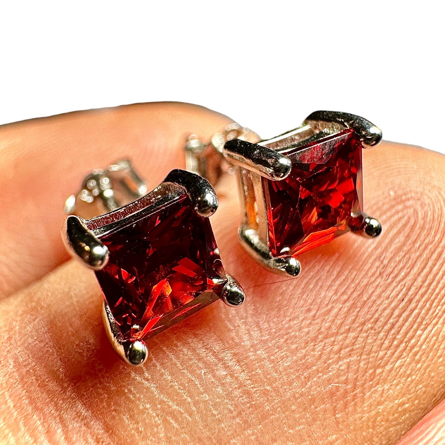 Garnet Stud Earrings 925 Sterling Silver — 5mm Square Princess Cut CZ