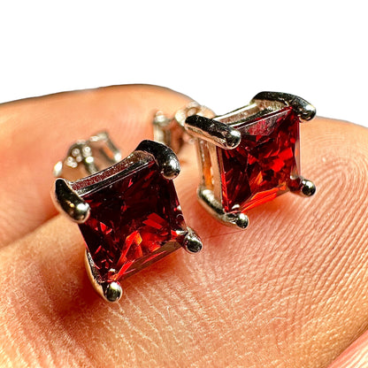 Garnet Stud Earrings 925 Sterling Silver — 5mm Square Princess Cut CZ