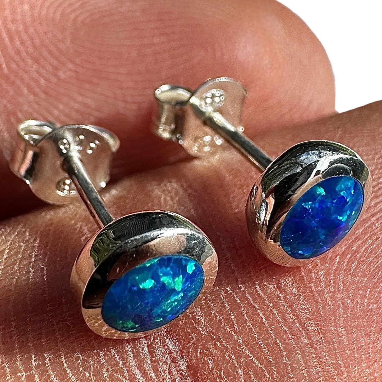Blue Opal Stud Earrings 6mm Sterling Silver