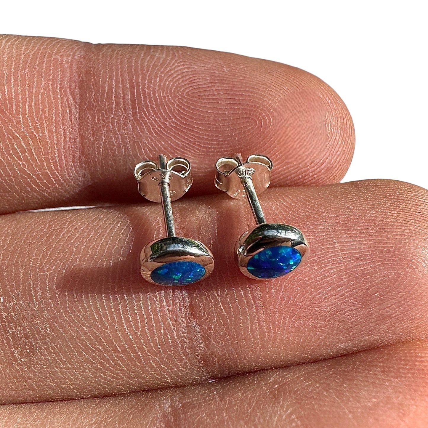 Blue Opal Stud Earrings 6mm Sterling Silver