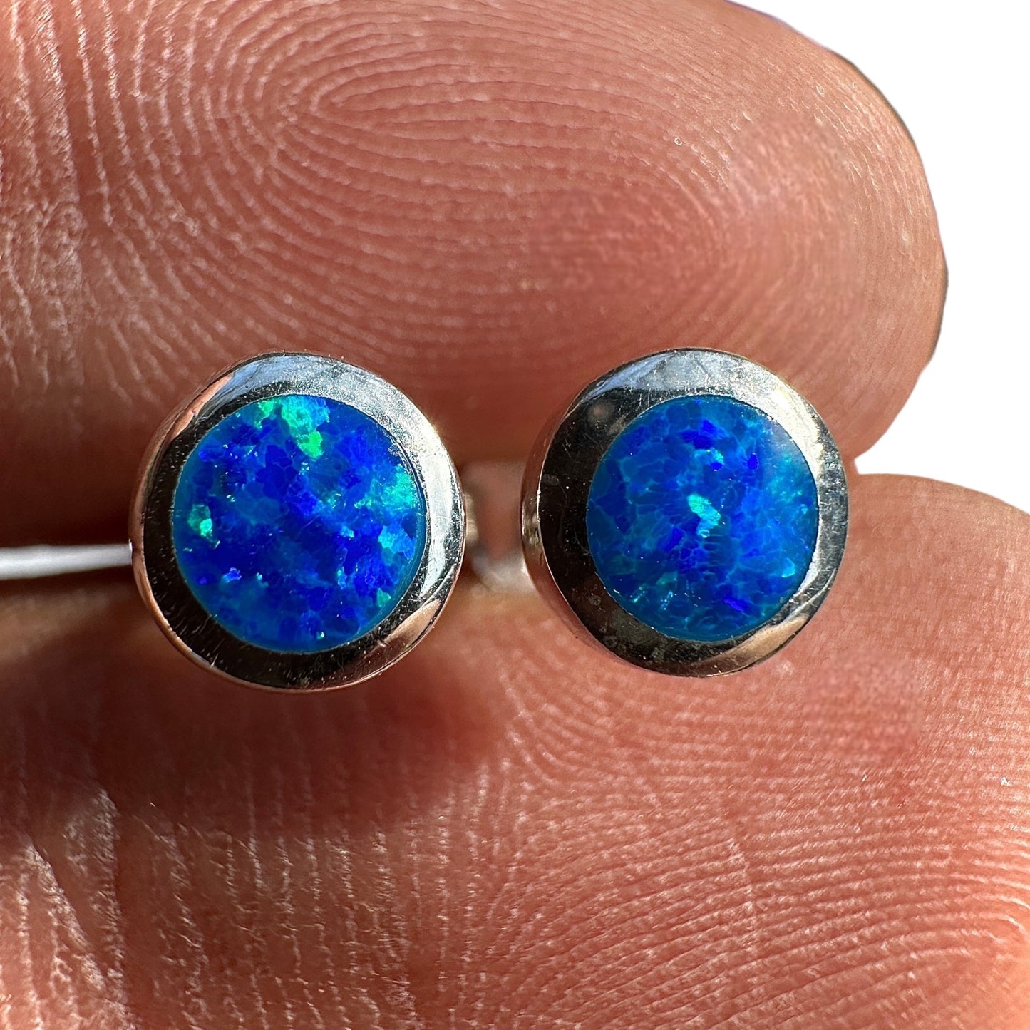 Blue Opal Stud Earrings 6mm Sterling Silver