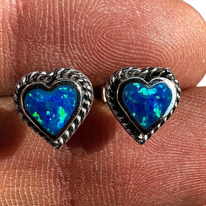 Blue Opal Heart Stud Earrings Sterling Silver 8.2mm