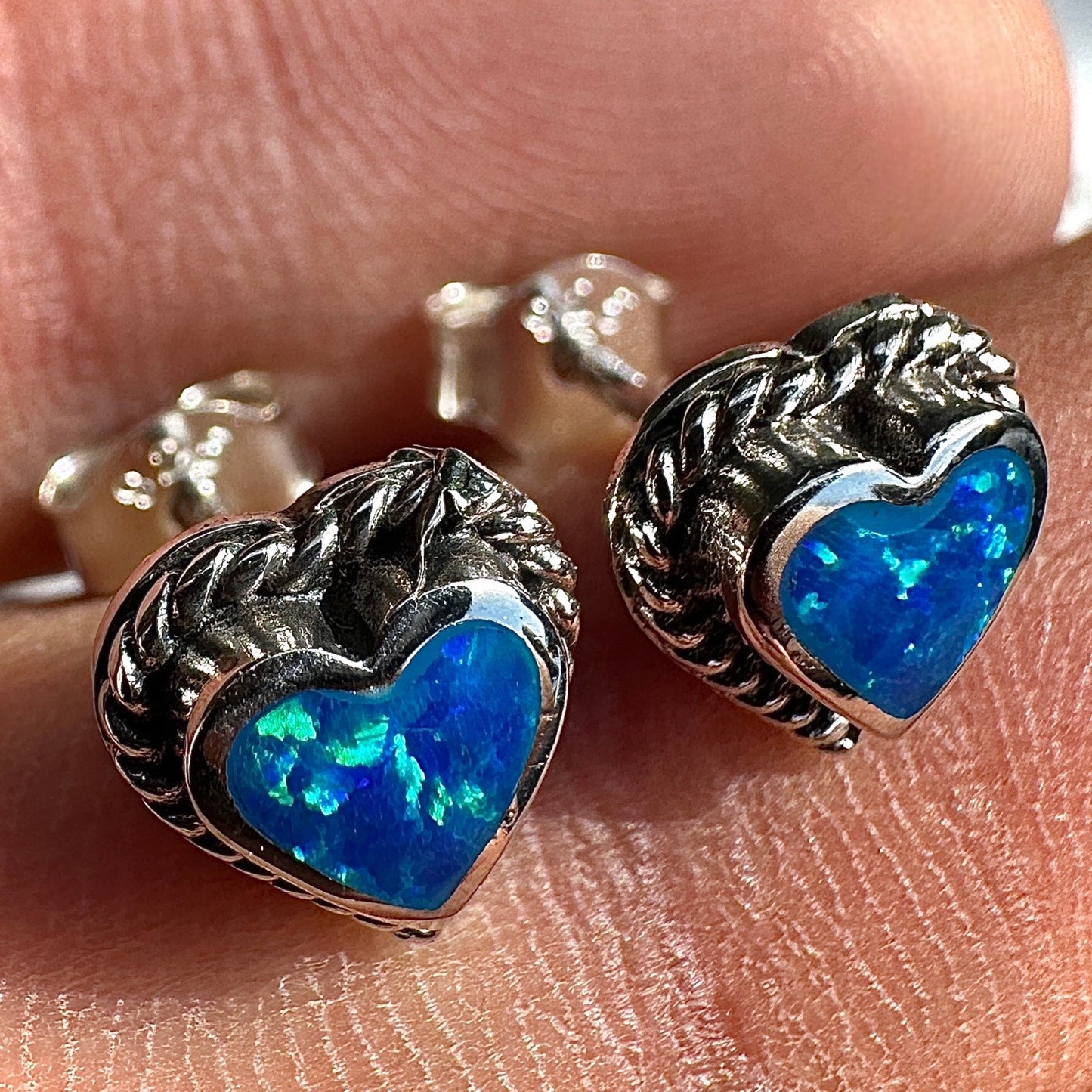 Blue Opal Heart Stud Earrings Sterling Silver 8.2mm