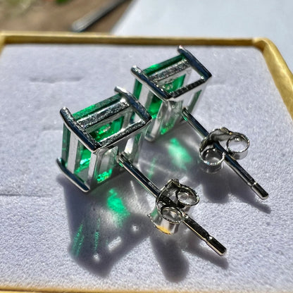 Princess Cut Emerald CZ Sterling Silver 925 Stud Earrings for Women - leoshopdeals