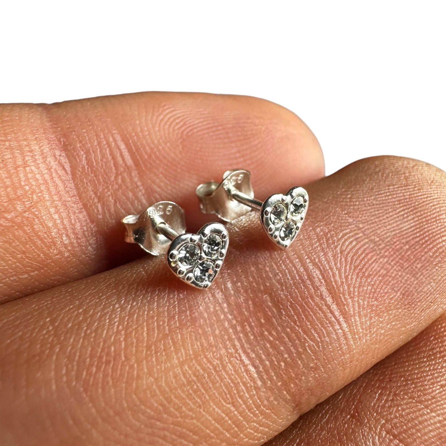 Sterling Silver Heart Stud Earrings 5mm Crystal Tiny Studs
