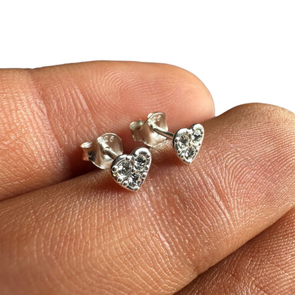 Sterling Silver Heart Stud Earrings 5mm Crystal Tiny Studs