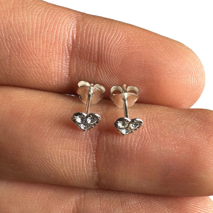 Sterling Silver Heart Stud Earrings 5mm Crystal Tiny Studs