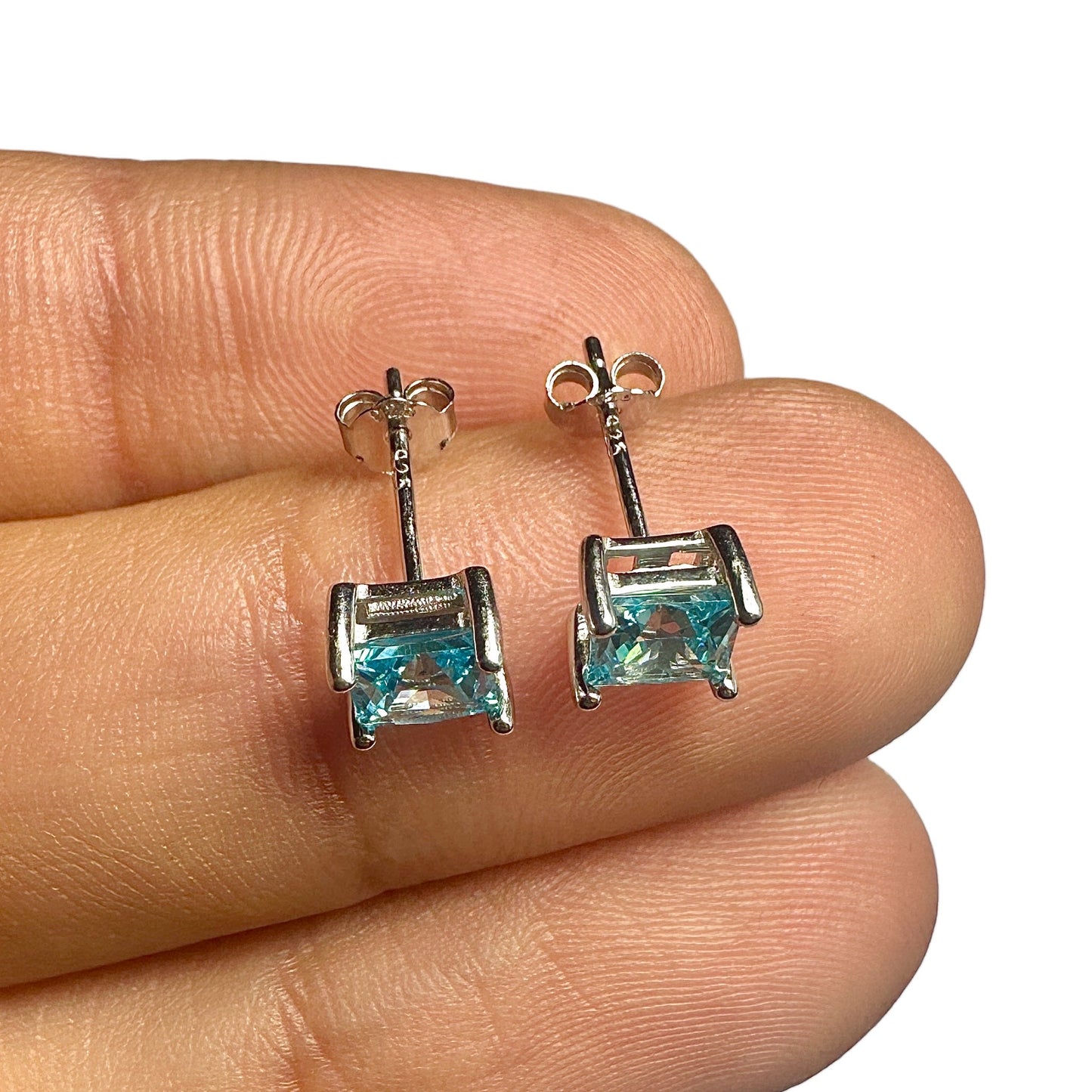 Aquamarine CZ Stud Earrings 925 Sterling Silver — 5mm Square Princess Cut