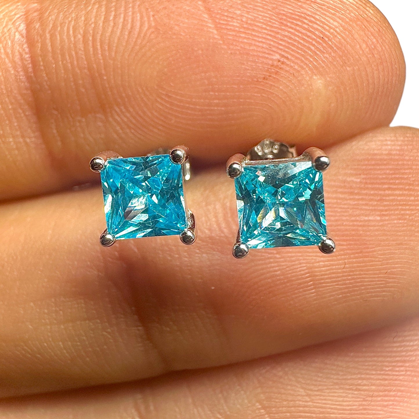Aquamarine CZ Stud Earrings 925 Sterling Silver — 5mm Square Princess Cut