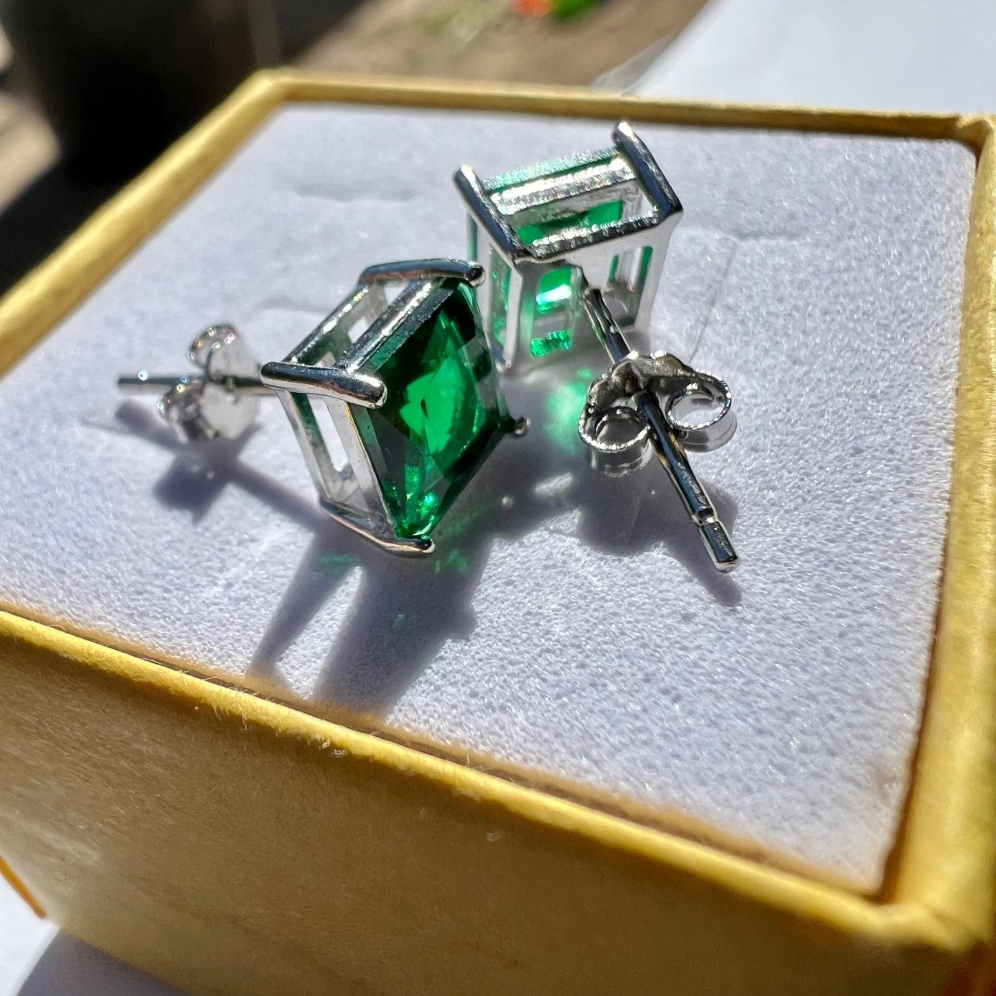 Princess Cut Emerald CZ Sterling Silver 925 Stud Earrings for Women - leoshopdeals