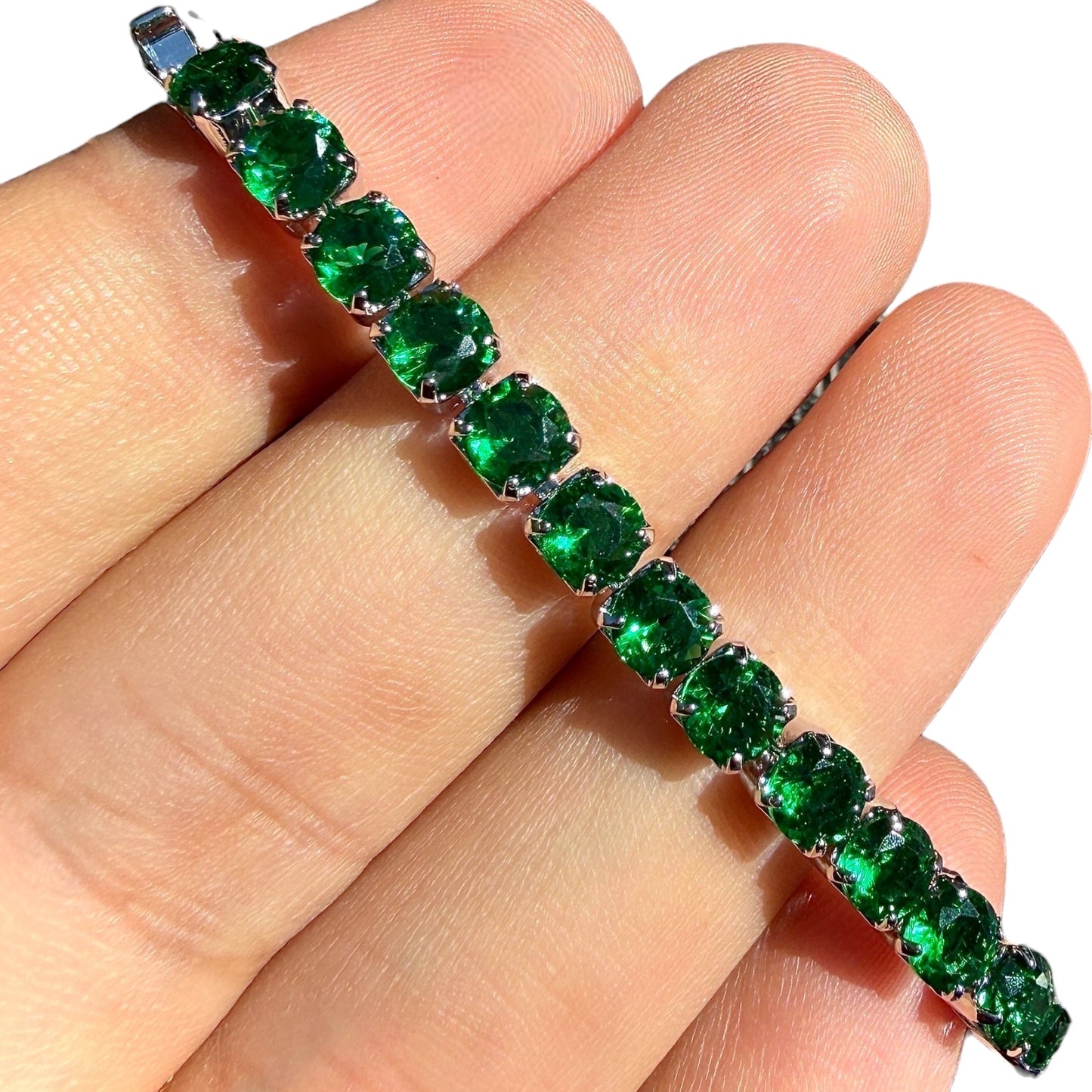 Green Tennis Bracelet Silver Plated 6.7 Inch or 7.5 Inch