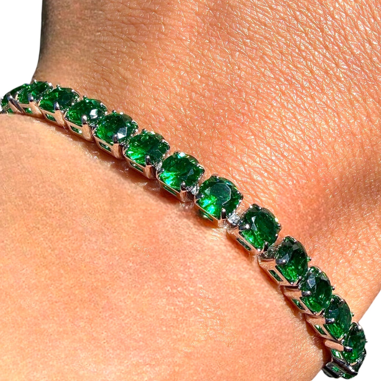 Green Tennis Bracelet Silver Plated 6.7 Inch or 7.5 Inch