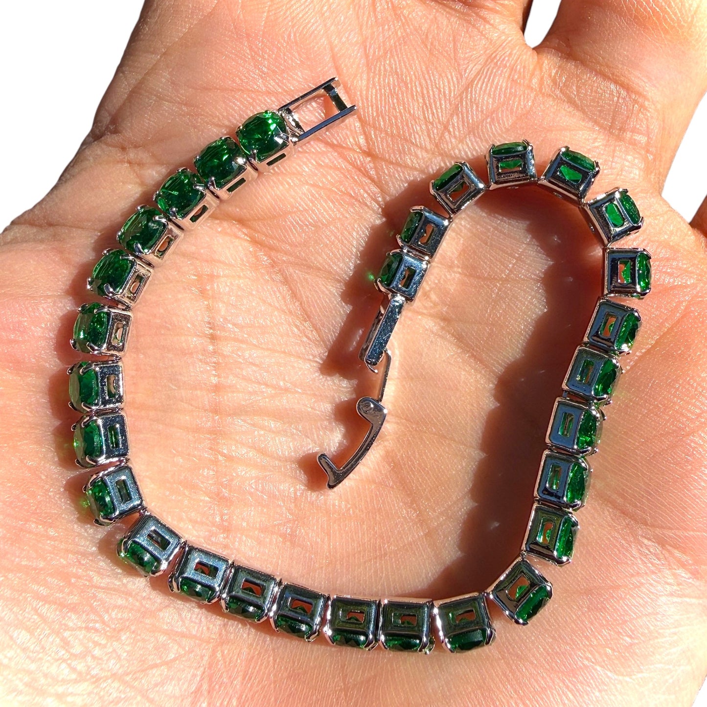 Green Tennis Bracelet Silver Plated 6.7 Inch or 7.5 Inch