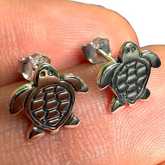 Sea Turtle Stud Earrings in 925 Sterling Silver, 15mm