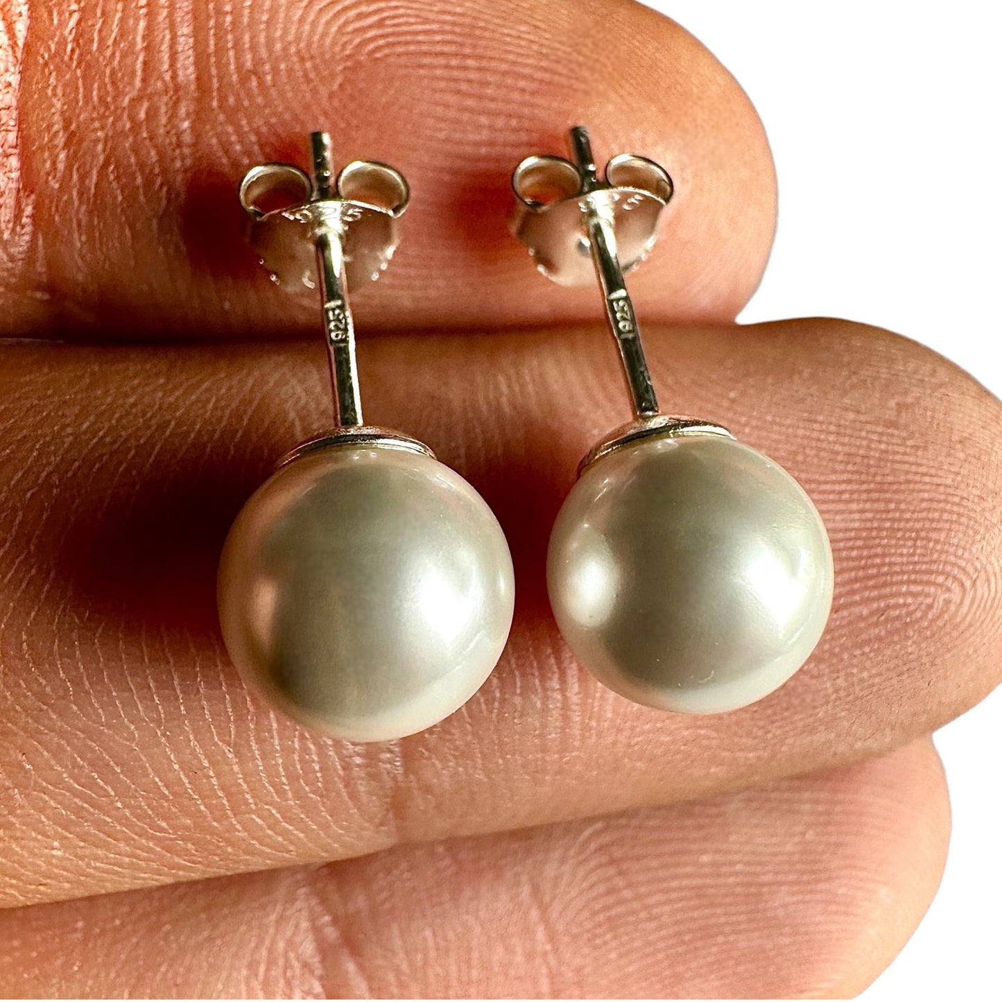 Pearl Stud Earrings 8mm 925 Sterling Silver Imitation Pearl Studs