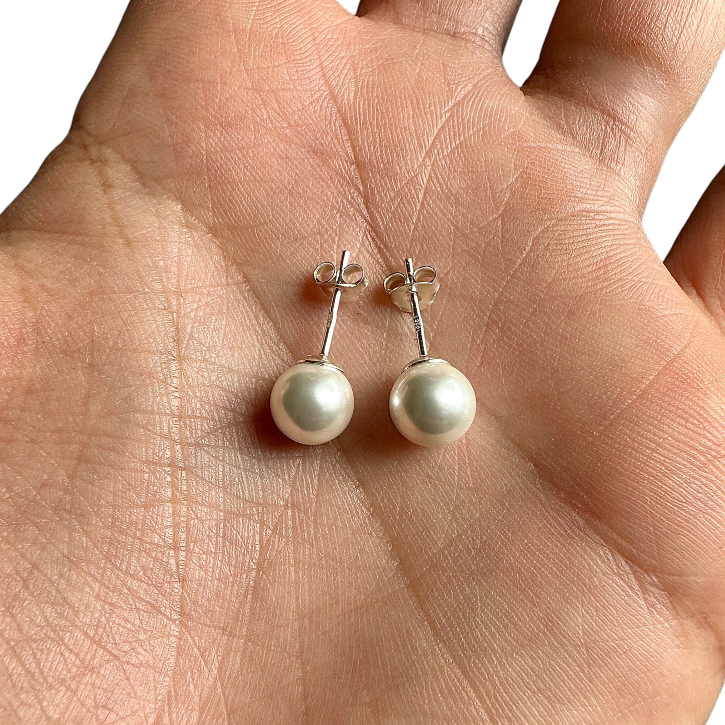 Pearl Stud Earrings 8mm 925 Sterling Silver Imitation Pearl Studs