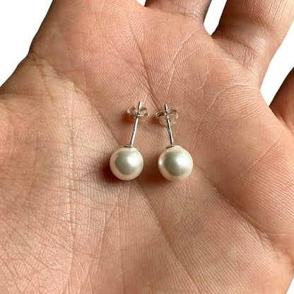 Pearl Stud Earrings 8mm 925 Sterling Silver Imitation Pearl Studs