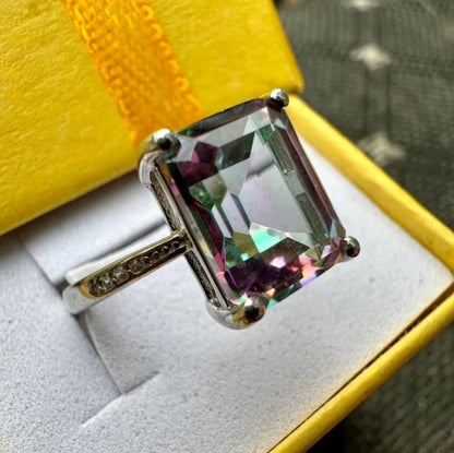 925 Sterling Silver Emerald Cut Mystic Topaz Ring - LEOPRA