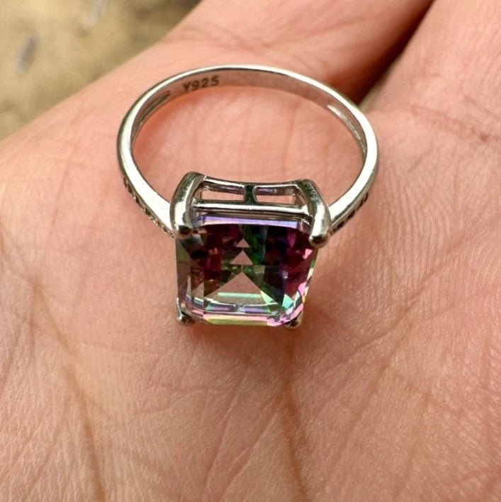 925 Sterling Silver Emerald Cut Mystic Topaz Ring - LEOPRA