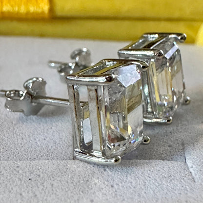 Emerald Cut Clear CZ 925 Sterling Silver Stud Earrings - LEOPRA