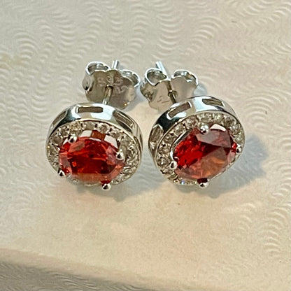 Pretty Red and White Topaz Halo Stud Earrings 925 Stamped Sterling Silver - LEOPRA