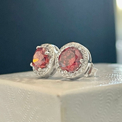 Pretty Red and White Topaz Halo Stud Earrings 925 Stamped Sterling Silver - LEOPRA