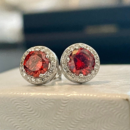 Pretty Red and White Topaz Halo Stud Earrings 925 Stamped Sterling Silver - LEOPRA