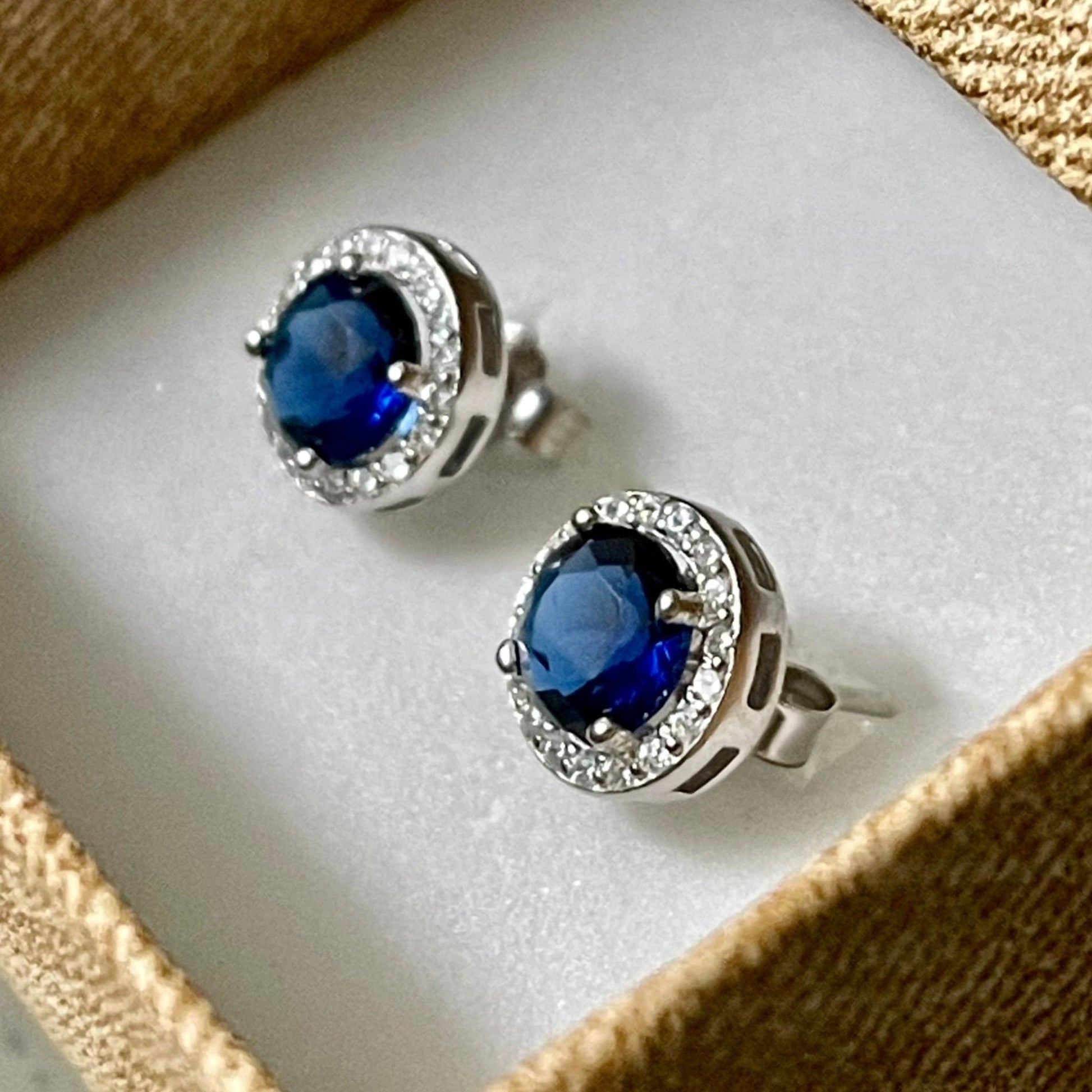 Sapphire and White Topaz Halo Sterling Silver Stud 8MM Earrings - LEOPRA